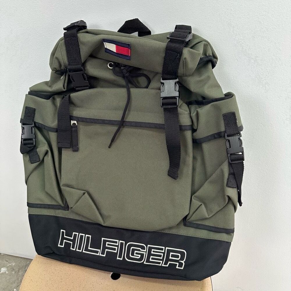 Tommy Hilfiger Unisex Vintage Y2K 90s Army Olive Green Hiking Backpack - Picture 2 of 10